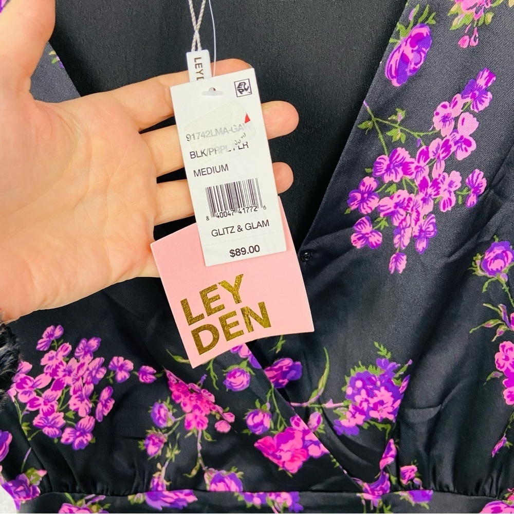 NWT LEYDEN black & purple silky satin floral mini dress size medium - Picture 17 of 17